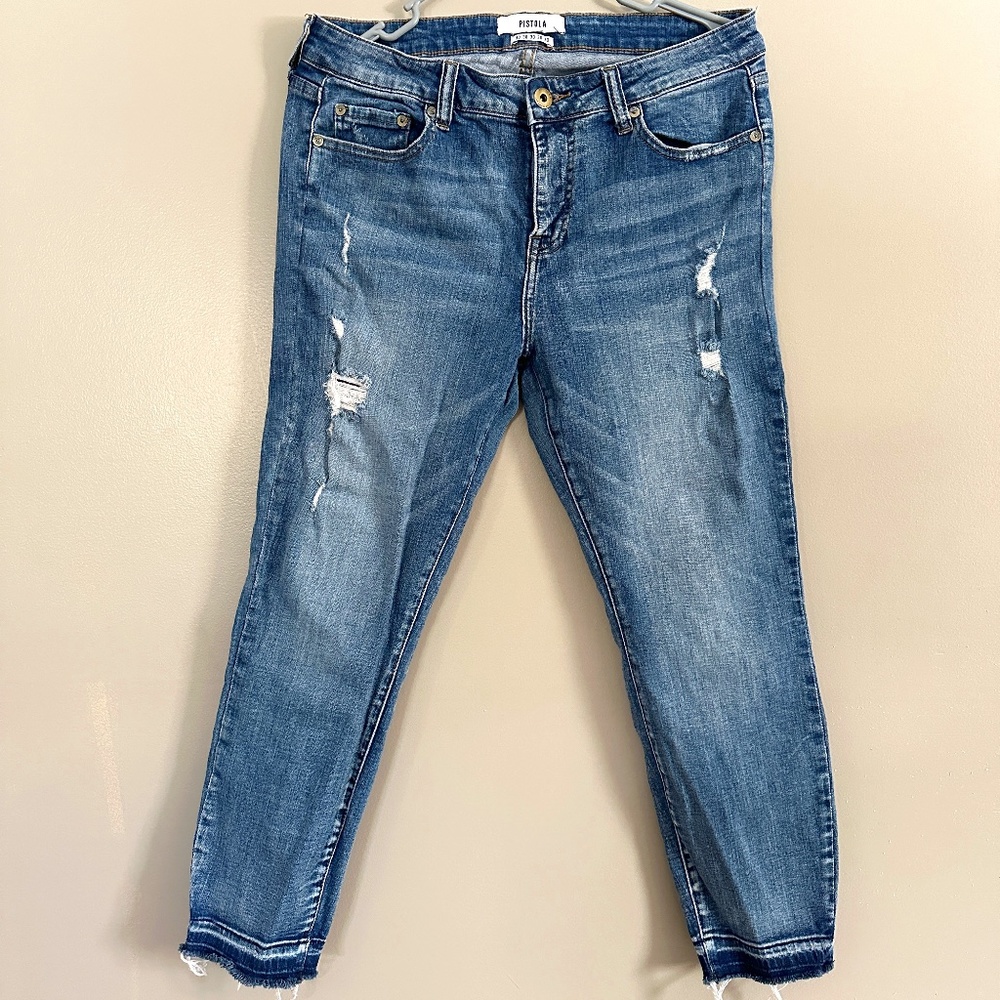 Pistola Jeans Womens Distressed Blue Denim Released Hem Medium Wash
